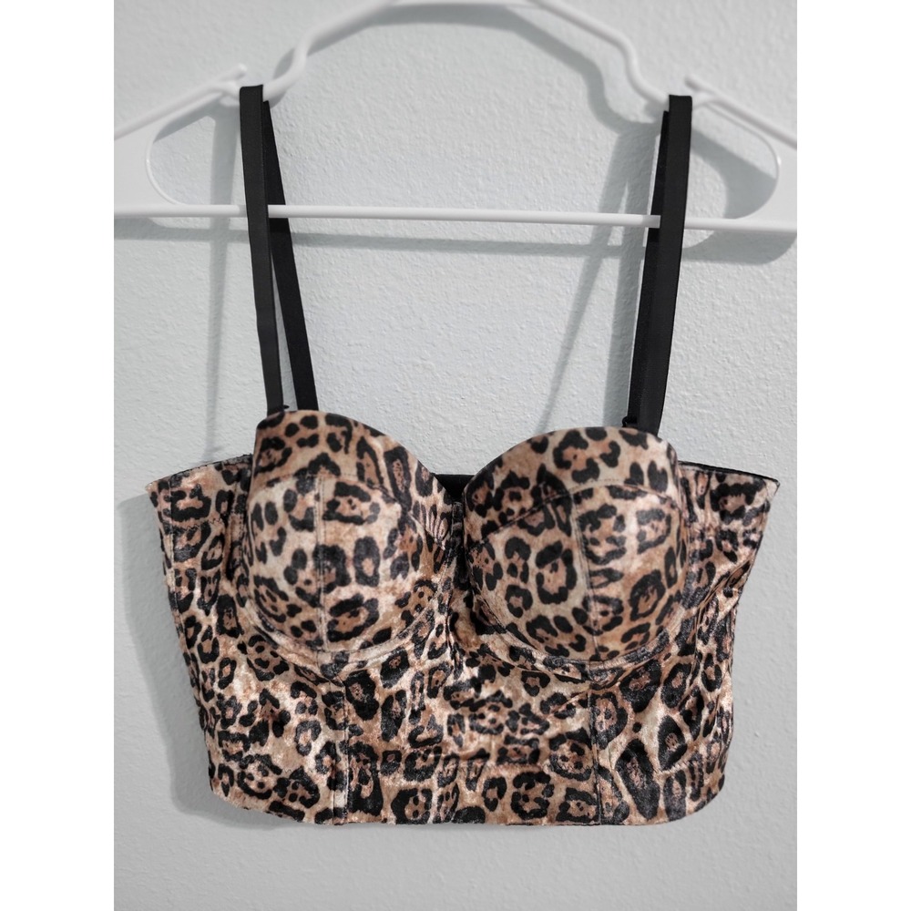 Leopard Print Bustier 34B to 36B Black Adjustable Straps Eye and Hook Closure